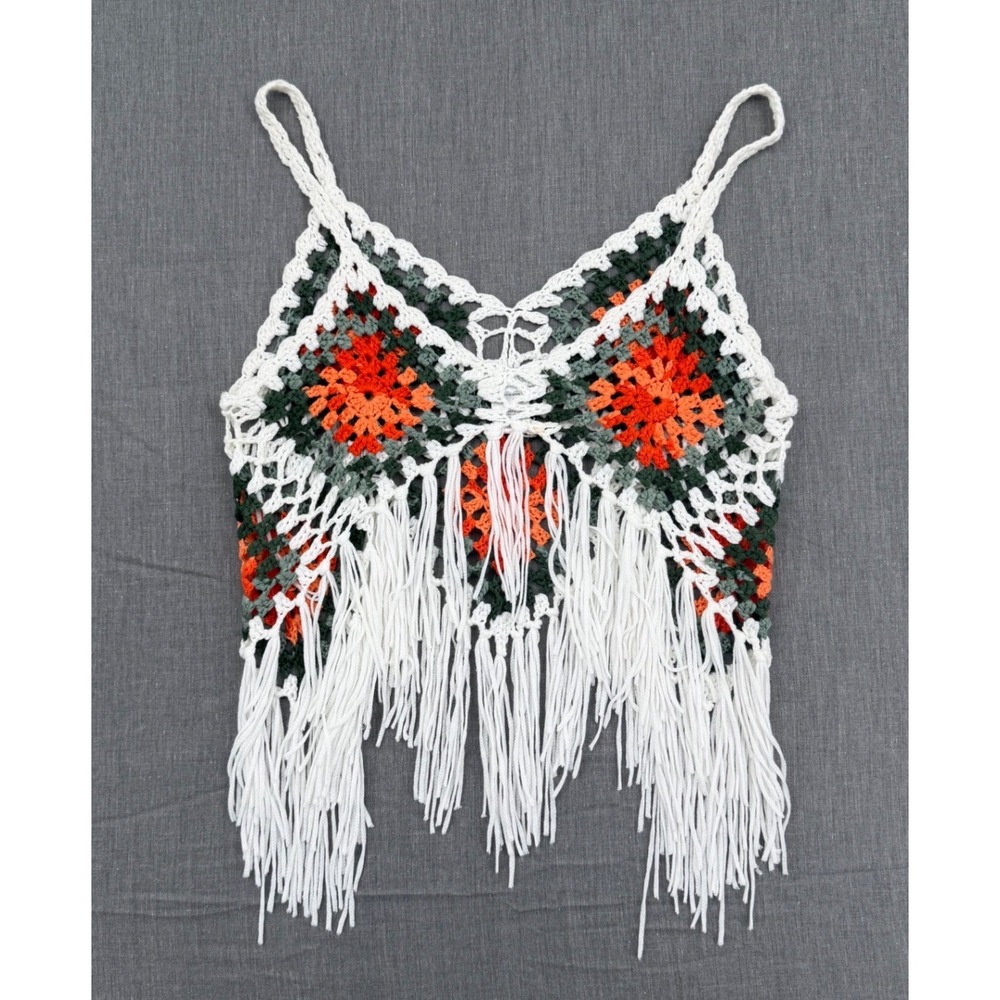 Vivid Womens Small‎ Crochet Granny Square Fringe Crop Top Orange Green Boho - Picture 8 of 8
